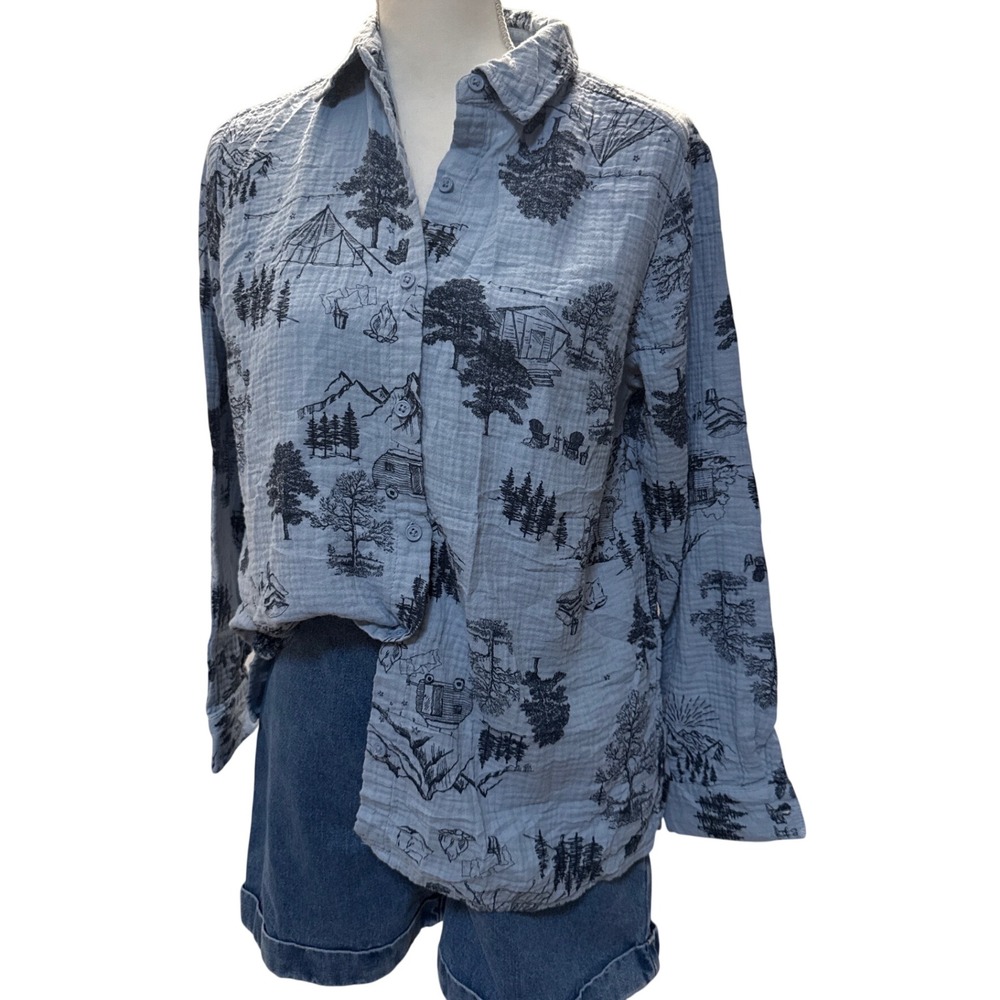 G by Giuliana Women's Cotton Gauze Camping Outdoor Printed Button Down Shirt SM